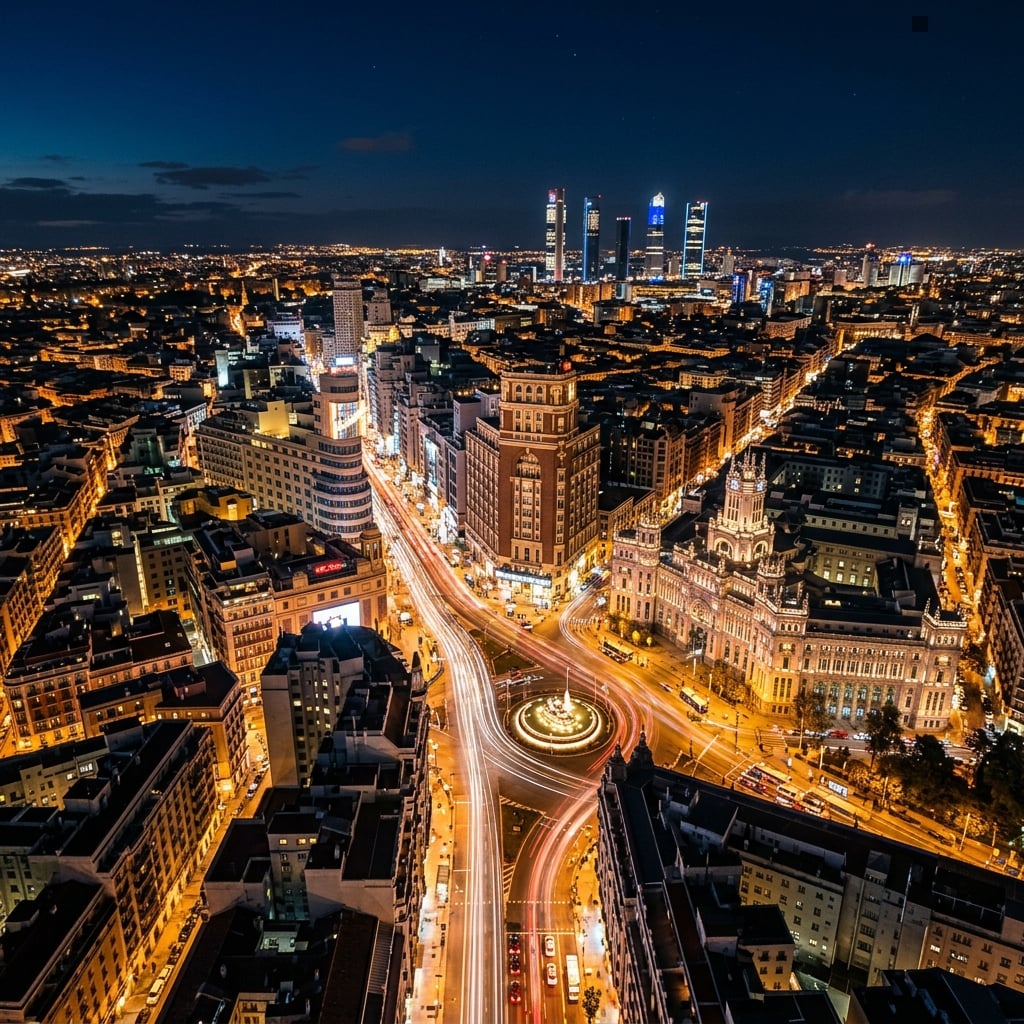 Vista aérea nocturna de Madrid